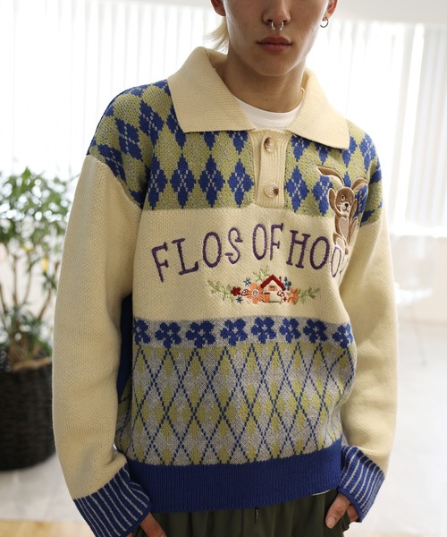 セーター ニット HOOK -original- 古着風 レトロ調 配色 アーガイル柄