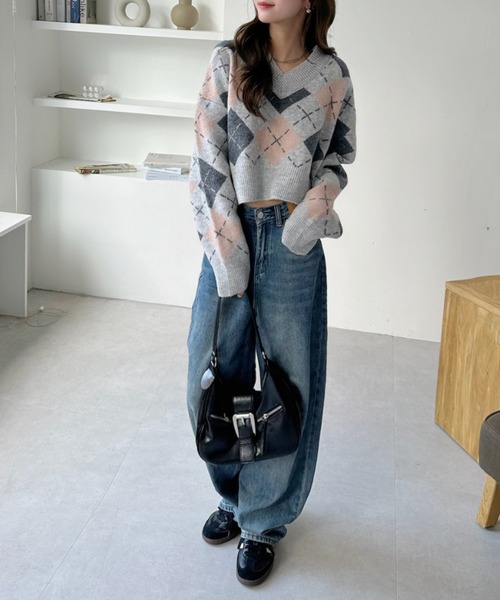 ニット セーター Vネック アーガイル柄 ショート丈 レディース