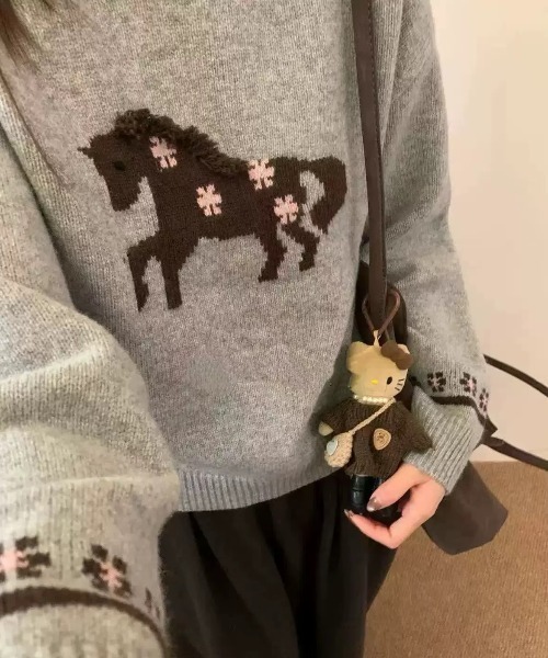 DIAVEL ニット セーター 「冬新作」ポニー柄ニット/ぽこぽこポニー刺繍