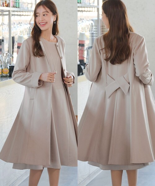 Tiaclasse ノーカラーコート コート ノーカラーバックリボンウール