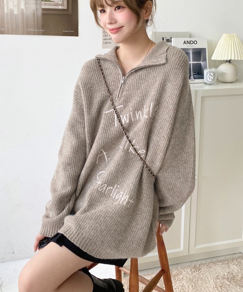 ニット セーター 6G ロゴ刺繍ハーフジップニットプルオーバー