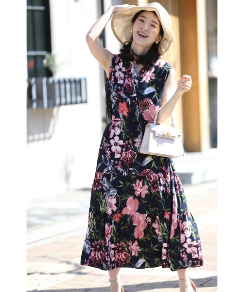 cawaii ワンピース （ベルト付き）さらりと涼しいリゾートなボタニカル