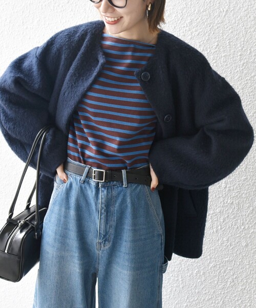 SHIPS any ノーカラーコート コート any: シャギー ノーカラー