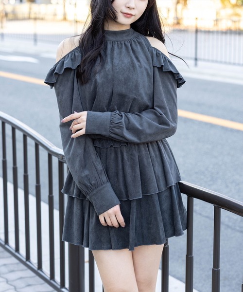 clear ワンピース 2wayリボンフェイクスエード長袖ミニワンピース