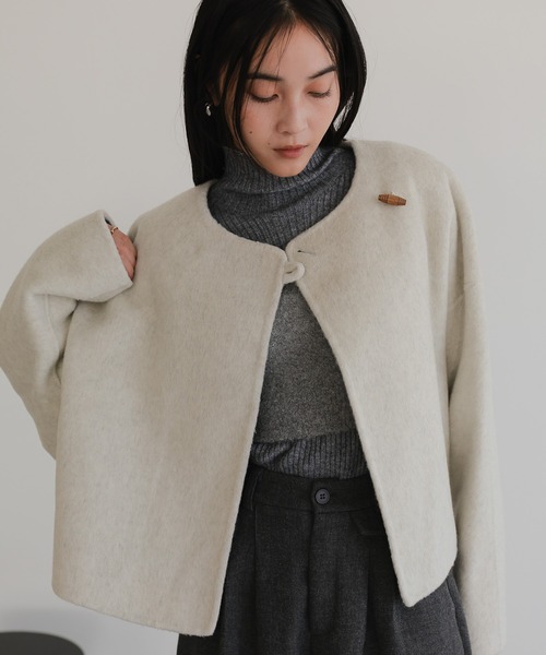 ノーカラーコート コート マフラー付きショートコート レディース