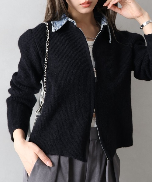 SpRay（スプレイ） カーディガン デニム襟ジップニットカーディガン