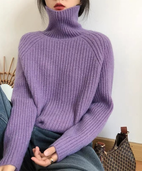 ニット セーター 厚手リブ編みハイネックニット レディース : ZOZOTOWN