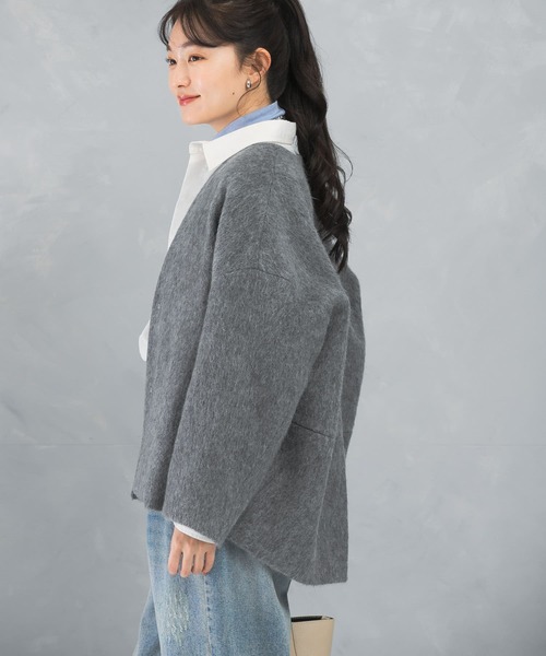 ジャケット ノーカラージャケット モヘア混シャギーミドルジャケット