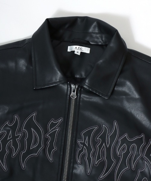 スタジャン グランジテイストなトライバルロゴ刺繍 フェイクレザー