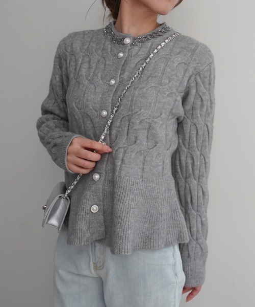 Rashik カーディガン ビジューデザインフレアニットカーデ レディース