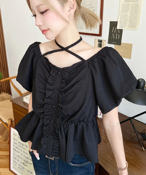 moment+ tシャツ クロスネックフロントフリルペプラム半袖トップス