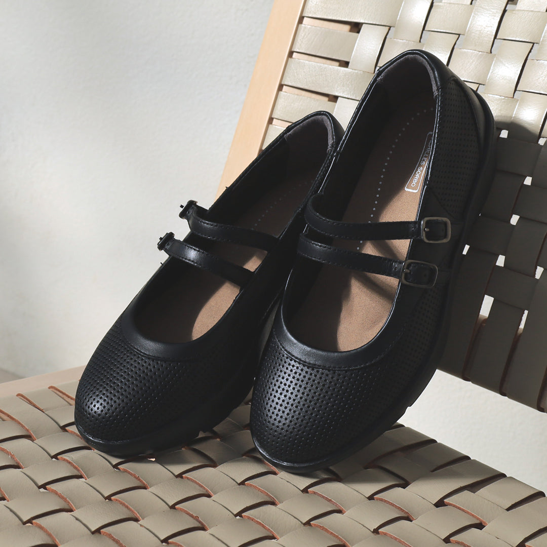 アキレス・ソルボ H 605 黒｜牛革3E 厚底ダブルストラップシューズ