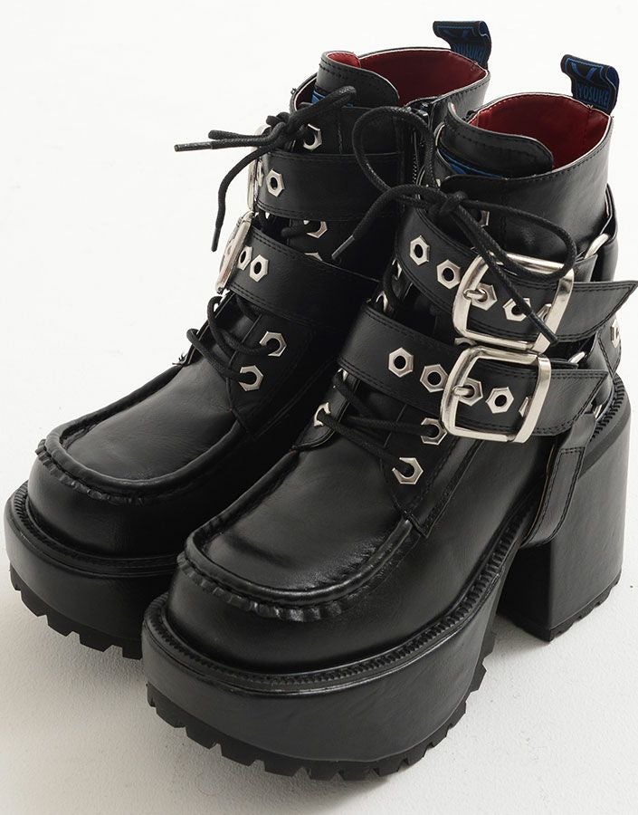 YOSUKE【ヨースケ】レディースベルトレースアップ厚底ブーツ/全1色