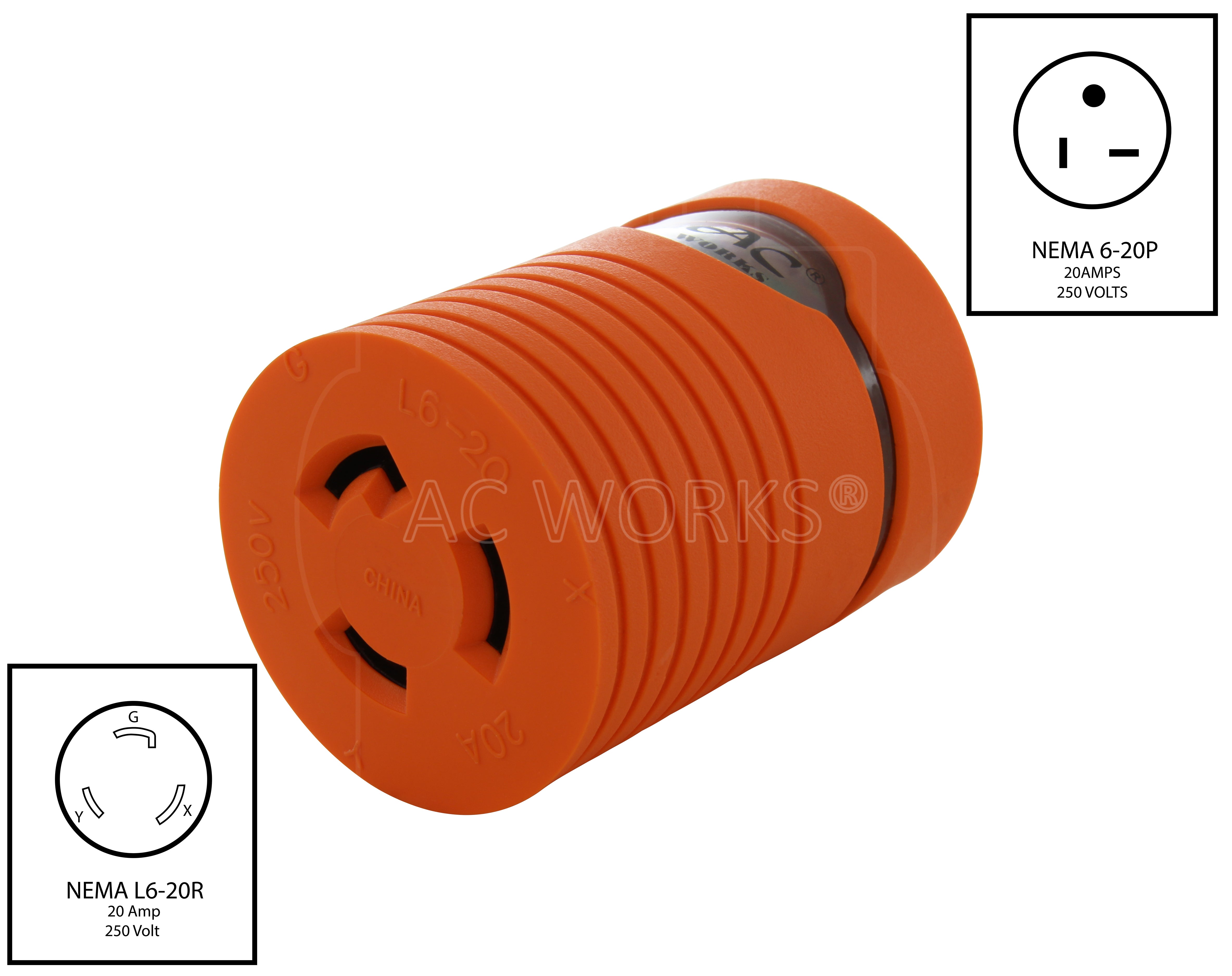 AC WORKS® NEMA 6-20P 20A 250V to L6-20R 20A 250V Locking Adapter