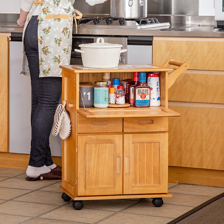 天然木フラップ式キッチン収納ワゴン キッチンラック キッチンワゴン