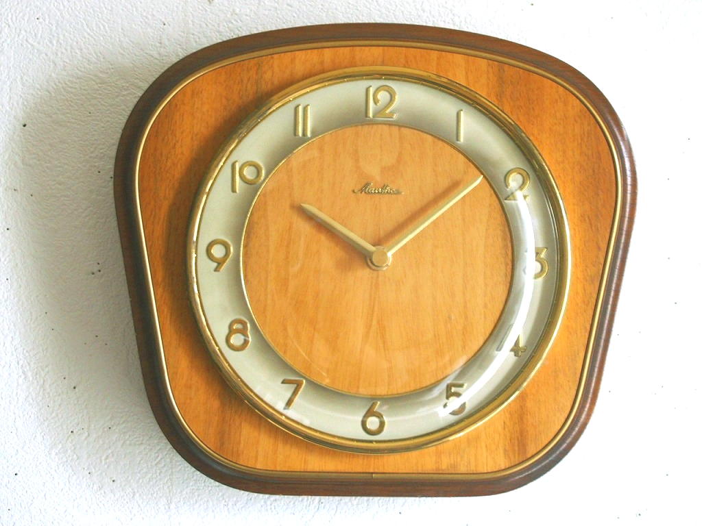 ミッドセンチュリー レトロ ドイツ Mauthe 木と真鍮の壁掛け時計