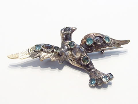 鳩のアンティークブローチ（エメラルド、ダイヤモンド、エナメル