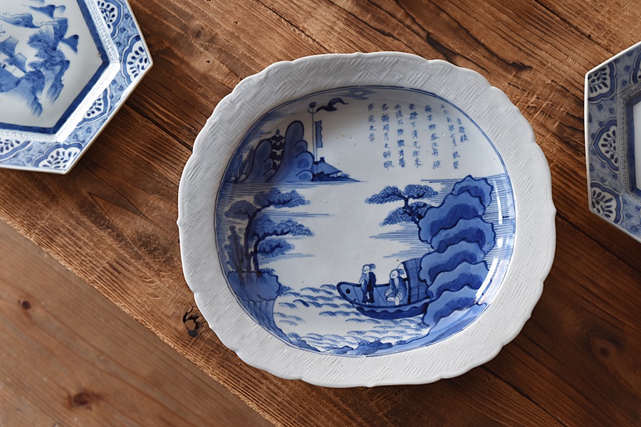 古伊万里 染付 型刷印判 幾何学文様の図 変形皿 江戸期