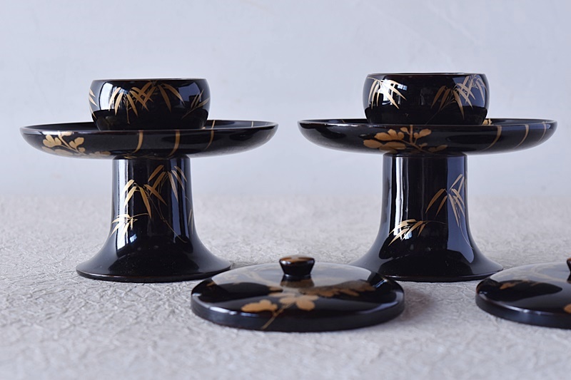 天然木製漆塗 四君子 金蒔絵 高茶台 天目台 2客セット - 生活骨董と