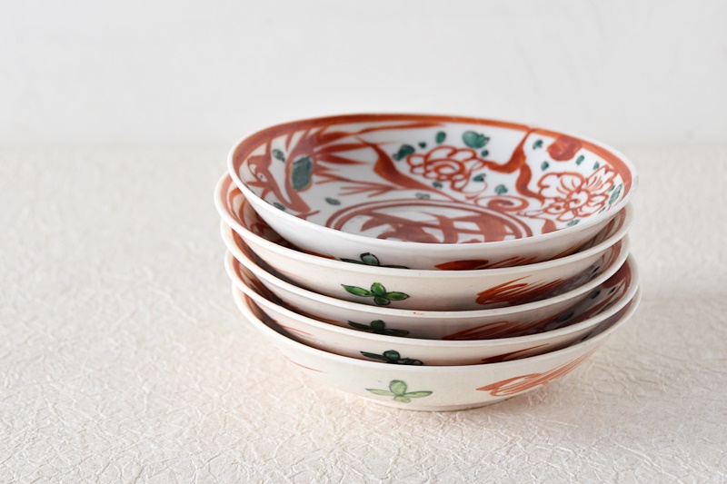 九谷 呉須赤絵花鳥魁字 角福文 5.5寸皿 5枚セット その二 - 生活骨董と