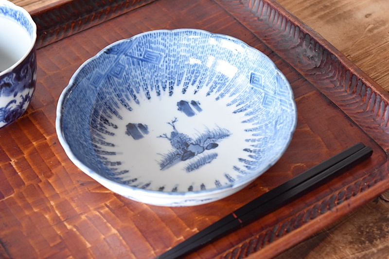 古伊万里 染付 江戸印判 雨降り雷文 角福 輪花型 膾皿 6客セット