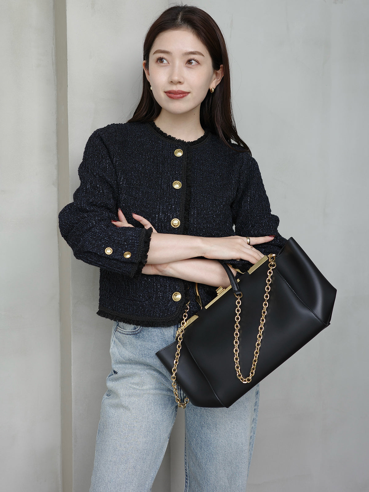 クラシカルノーカラーニットジャケット