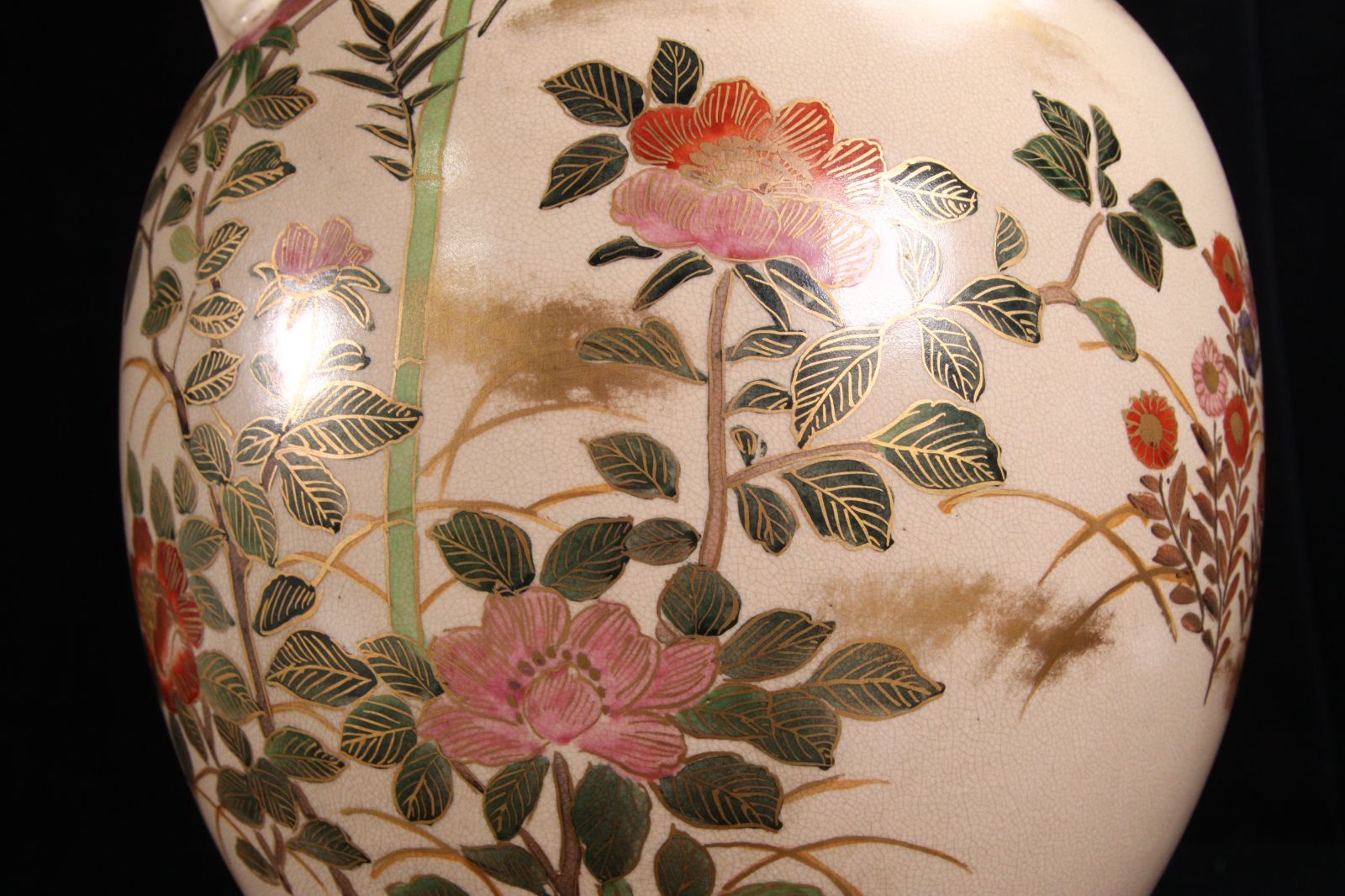 仁清焼 野々村仁清作 色絵金彩竹椿図四耳壷 28.5cm 唐物 骨董 古美術