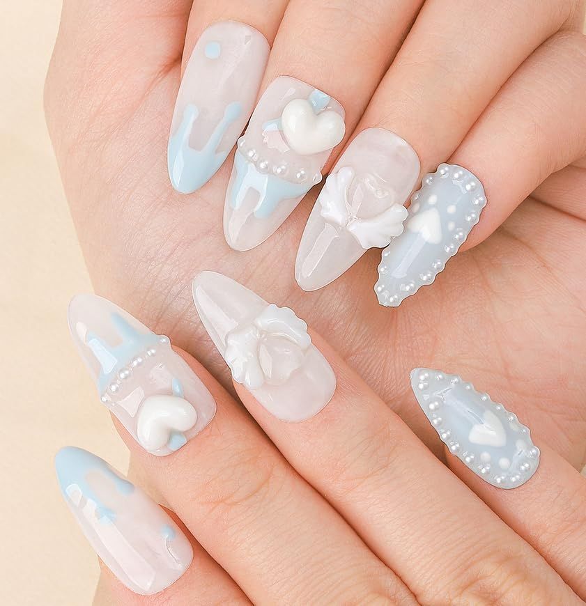 大人気】Sethexy 手作りネイルチップ ロングアーモンドチップ 水色