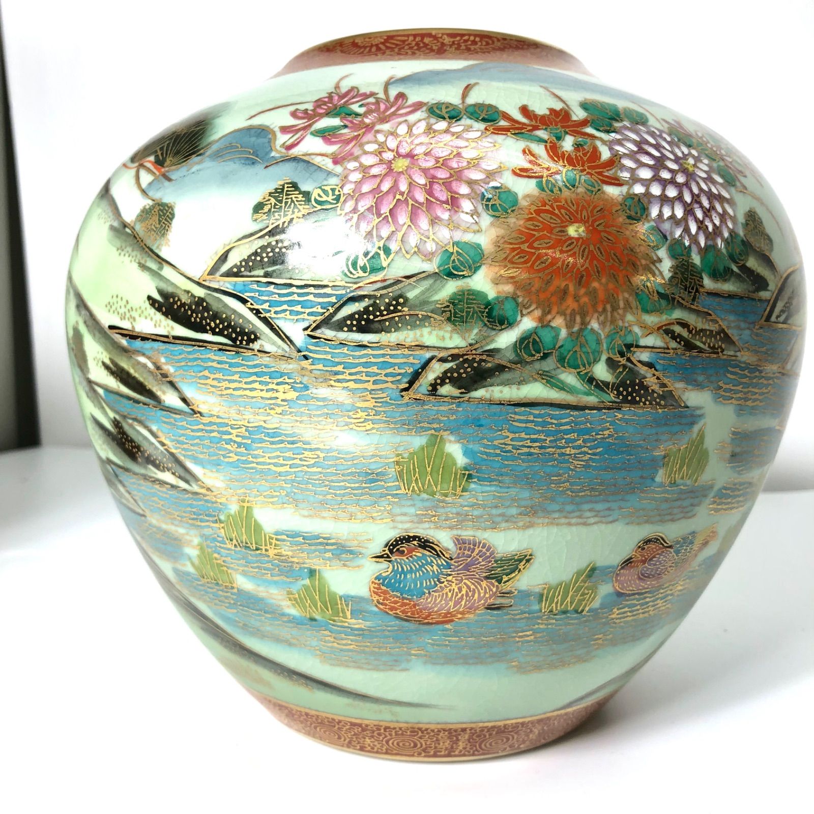 ①九谷焼 天山窯 花瓶 九谷天山 花器 壺 色絵 金彩 大花瓶 花入 共箱