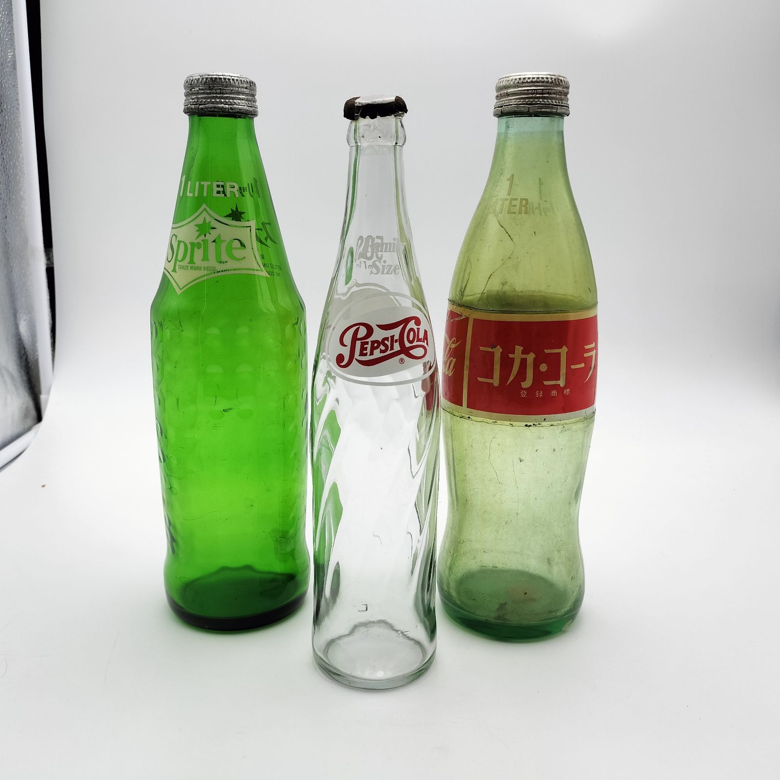 昭和レトロ ガラス空き瓶3本 コカコーラ1L & スプライト1L & ペプシ