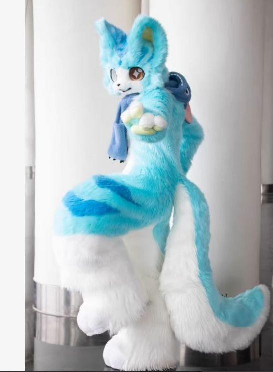 マスク 着ぐるみ ケモノ体 フルスーツ セット ミントブルー 全身 尻尾