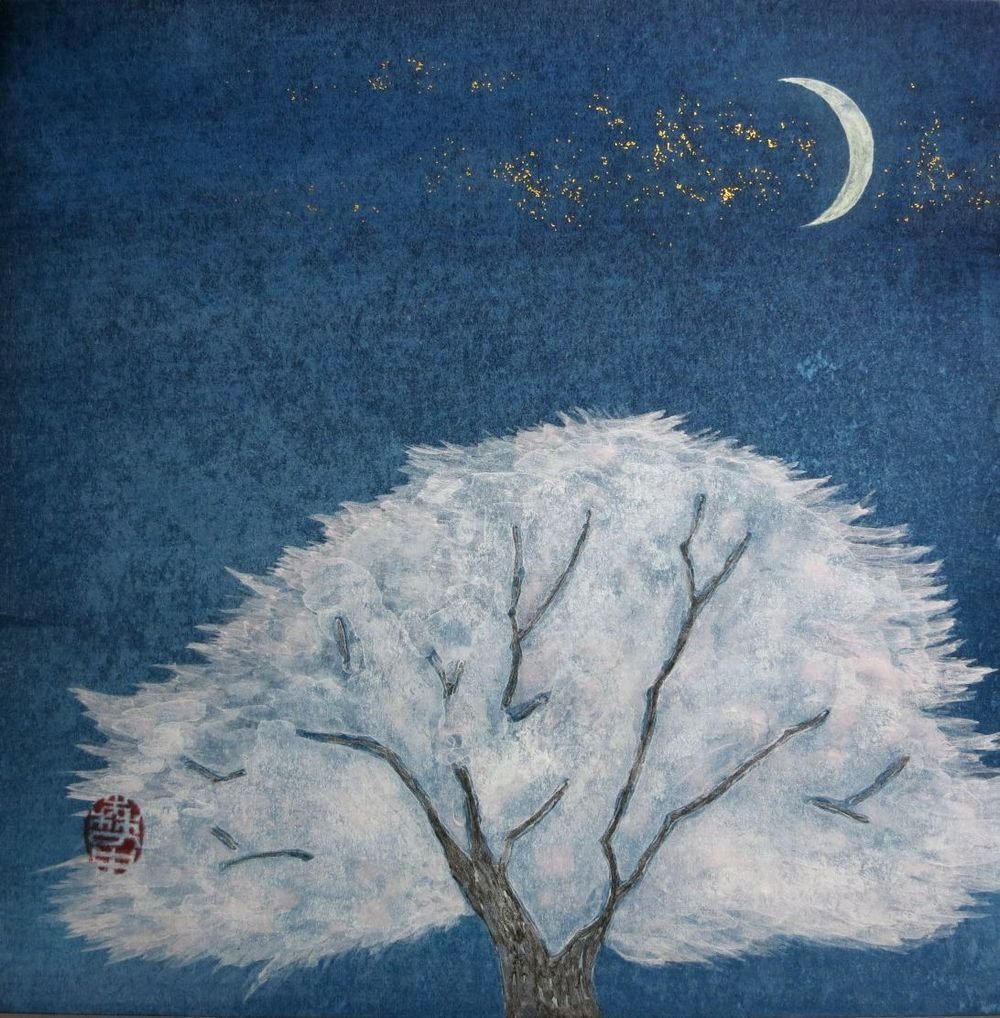 満開の桜と三日月｜森野なか