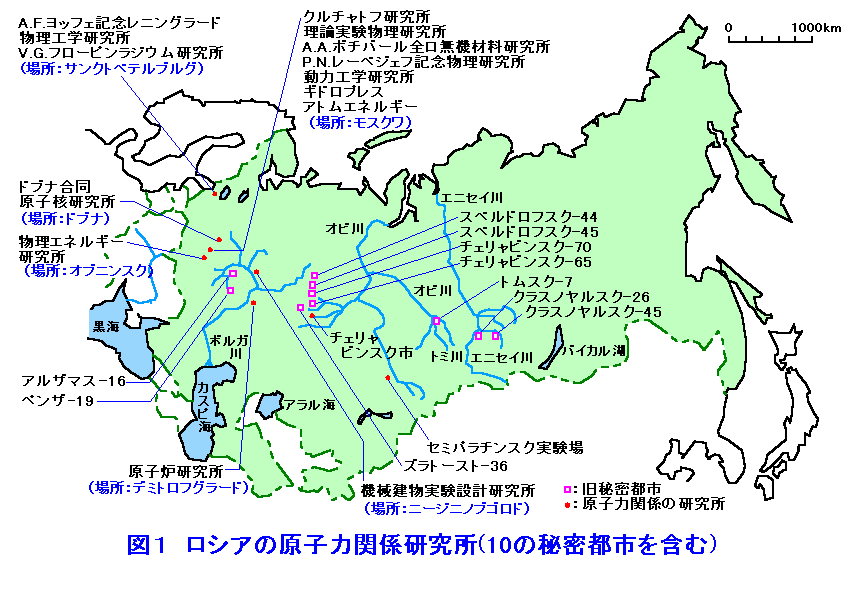 ロシアの原子力関係研究所の地図（10の秘密都市を含む）