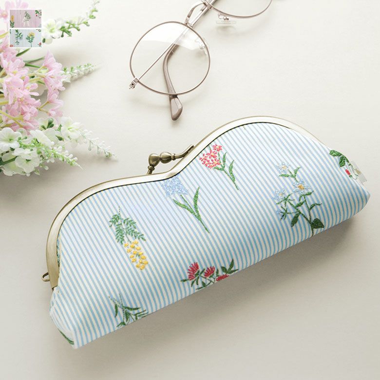 在庫商品】山型がま口メガネケース【フラワーストライプ】[M便 9/10