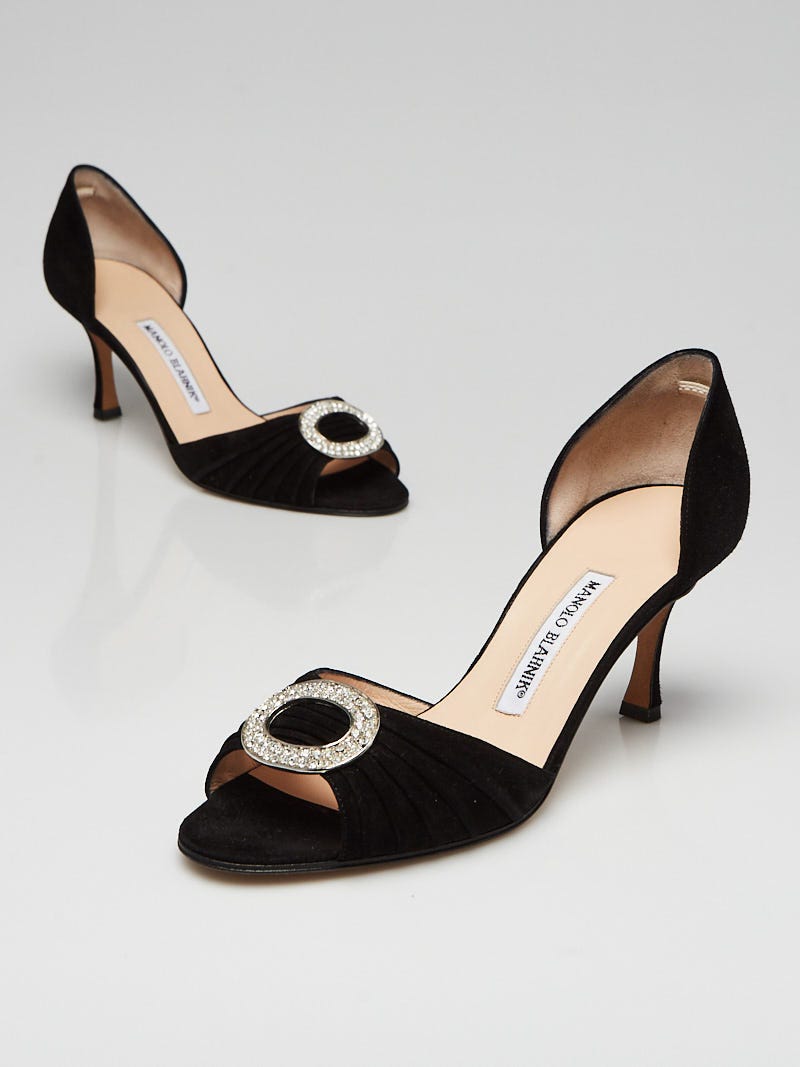 Manolo Blahnik Black Suede Sedaraby d'Orsay Peep-Toe Pumps Size 7