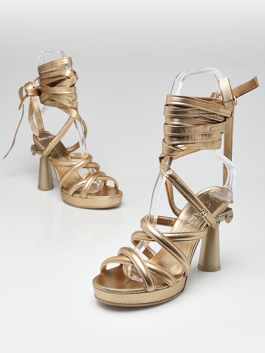 Chanel Gold Leather Strappy Sandals Size 6.5/37 | Yoogi's Closet
