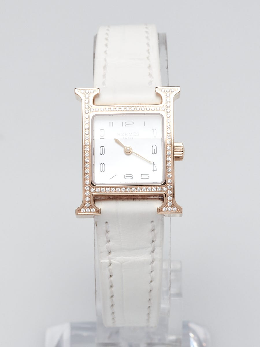 Hermes 21mm 18k Rose Gold and Diamond White Alligator Heure H