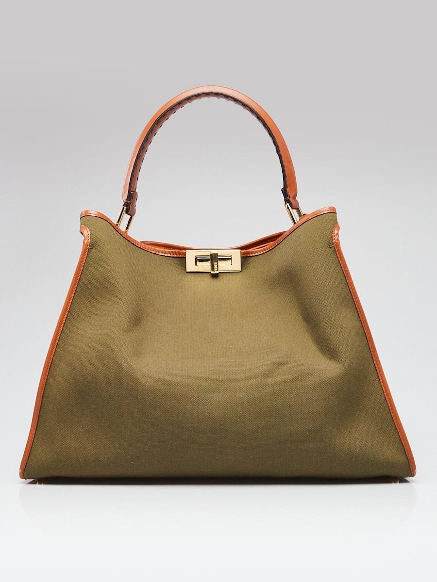 Fendi Green/Brown Canvas Leather Peekaboo X-Lite Large Tote Bag