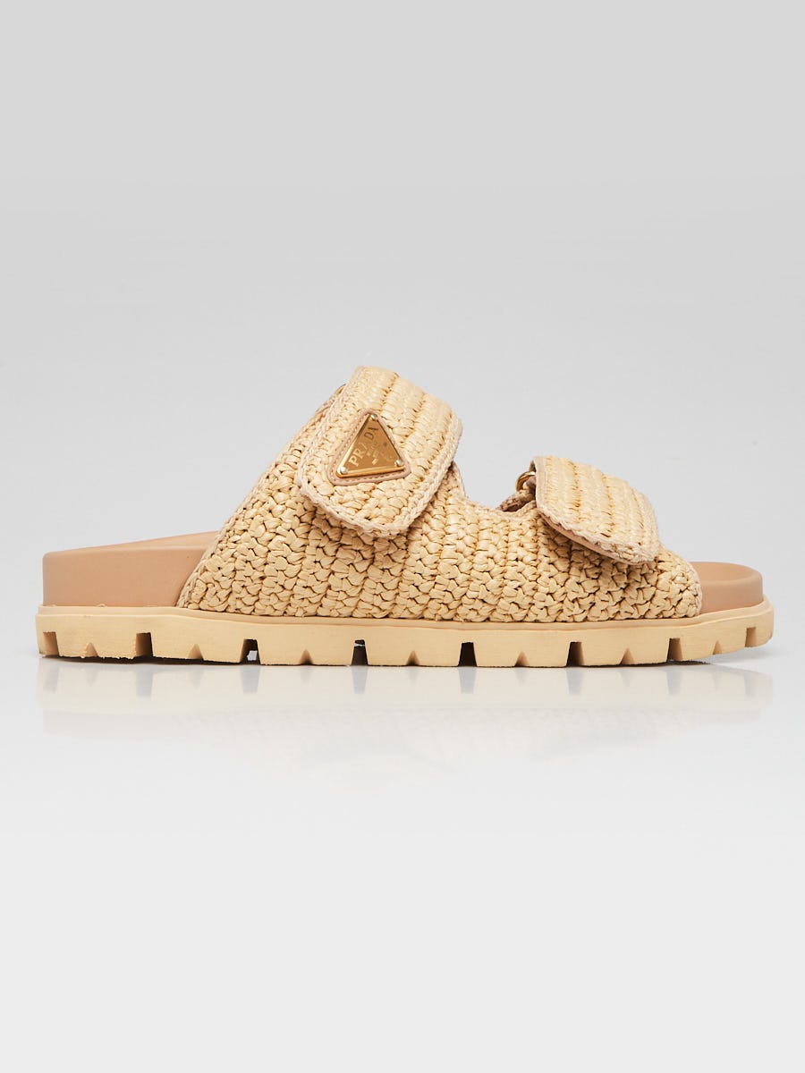 Prada Natural Fussbett Raffia Dual Buckle Slide Sandals Size 5.5