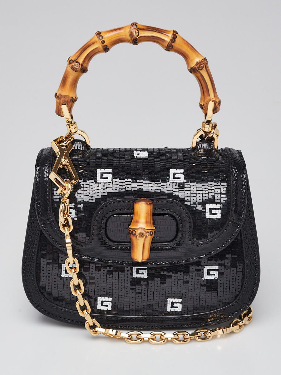 Gucci Black Lizard/Sequin GG Mini 1947 Bamboo Top Handle Bag