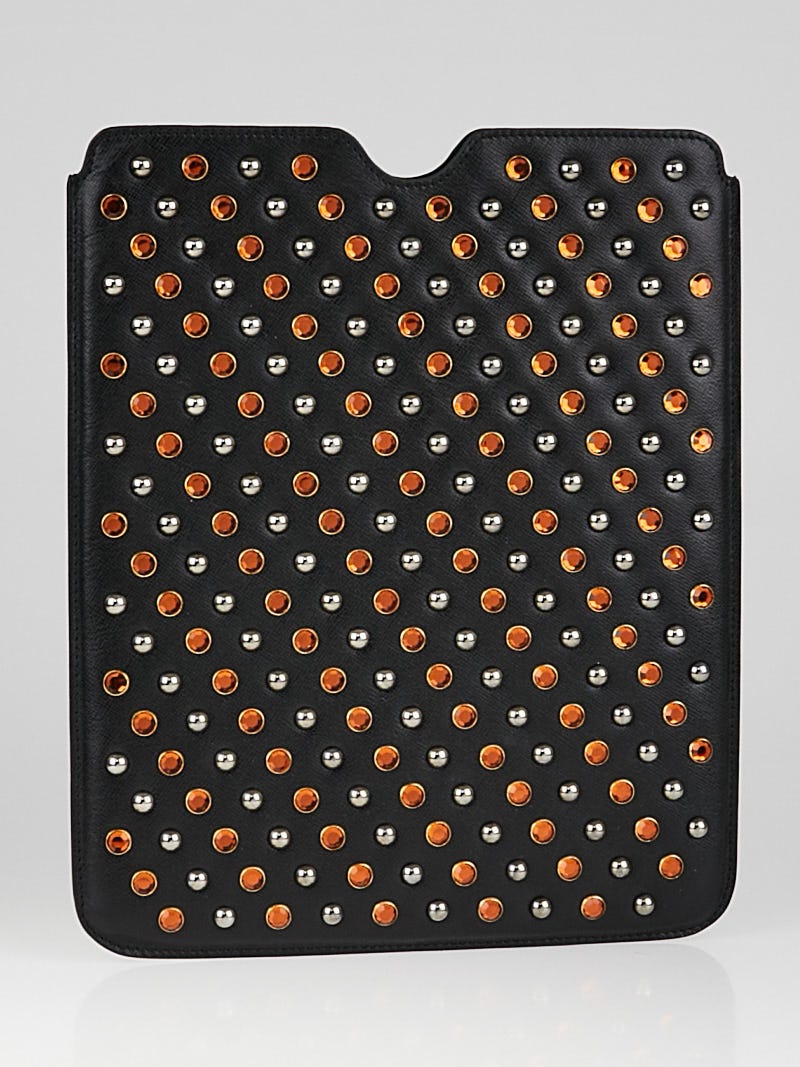 Prada Black Saffiano Leather and Crystals iPad Case | Yoogi's Closet