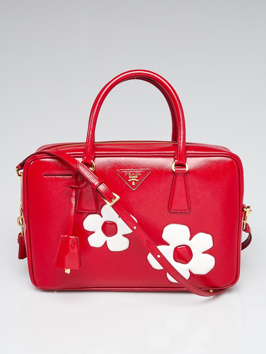 Prada Rosso Saffiano Vernice Patent Leather Flower Top Handle