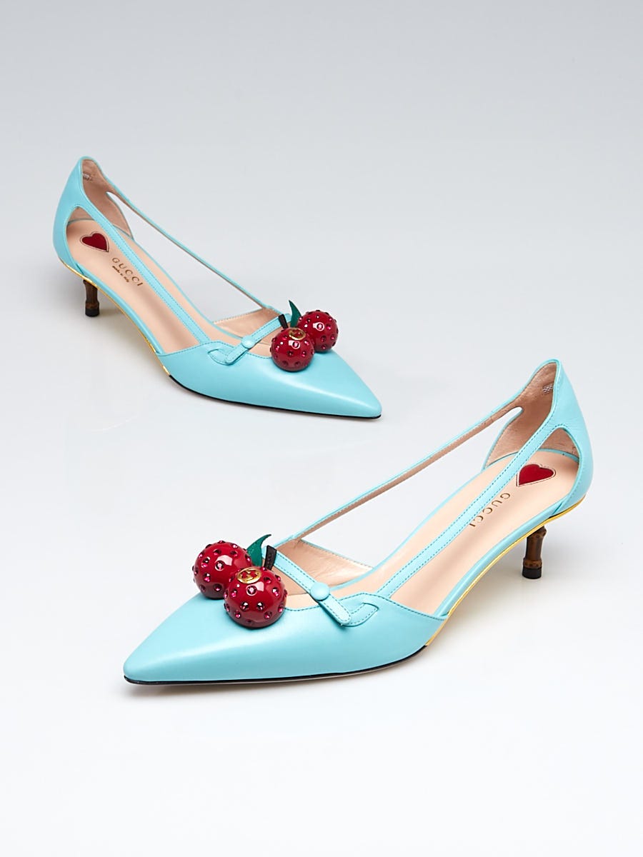 Gucci Turquoise Leather Cherry 45mm Unia Pumps Size 9.5/40