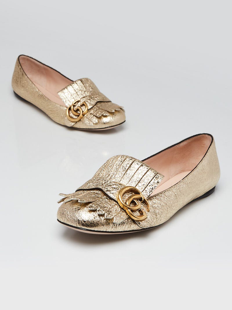 Gucci Gold Textured Leather Marmont Loafer Ballet Flats Size 8