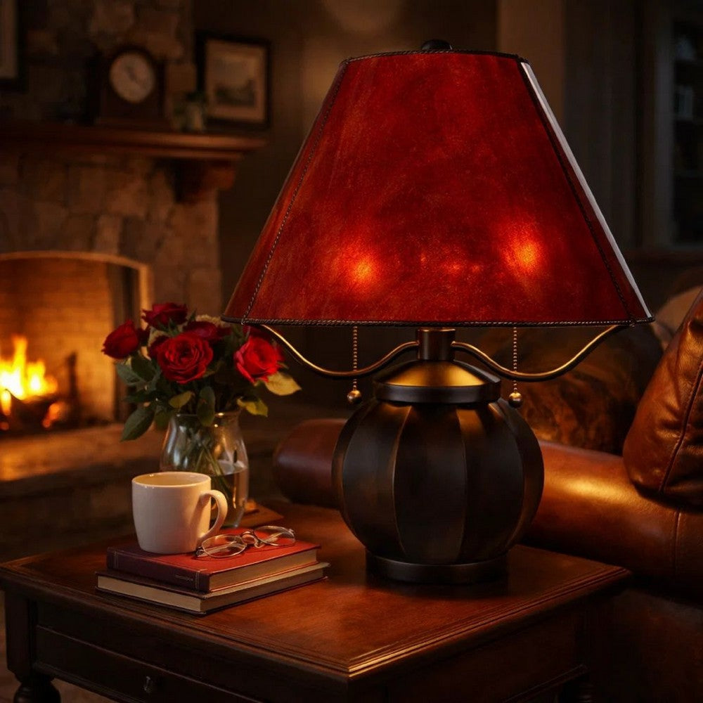 Benjara 20 Inch Table Lamp, Vintage Red Amber Mica Shade, Upturned