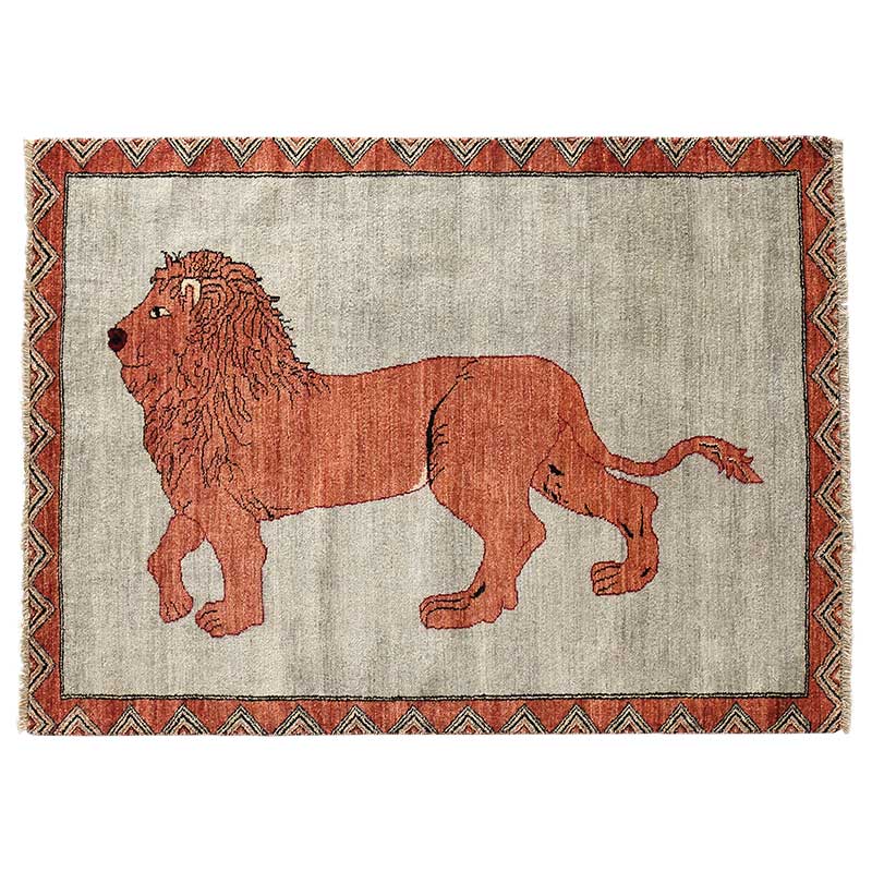 古典柄を再現したライオンラグ [オレンジ ライオン×ブルーグレー