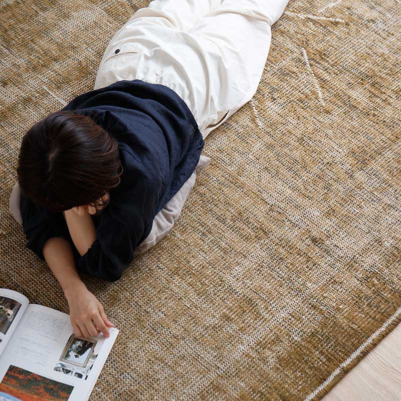 ヴィンテージ風ラグ ウール100％ 黄色絨毯 [NR5603アンティーク