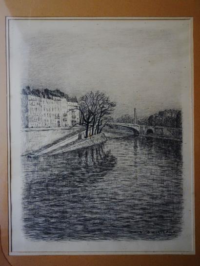 西洋アンティーク フランス セーヌ河 シテ島 デッサン 金彩の細額