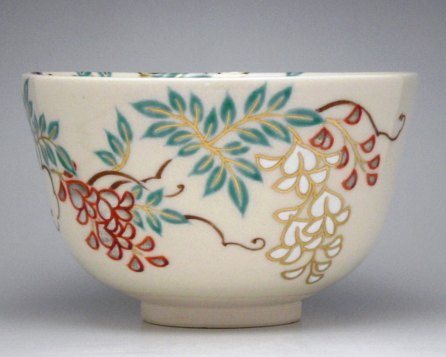 茶道具 茶碗 仁清 色絵 柳に鴛鴦 茜窯 岡田華渓 あかね窯 岡田華