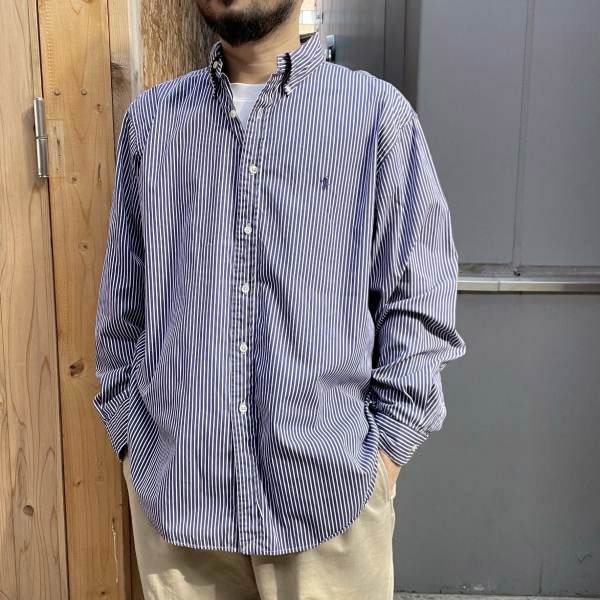 90s ラルフローレン CLASSIC FIT ボタンダウン ストライプ 長袖シャツ